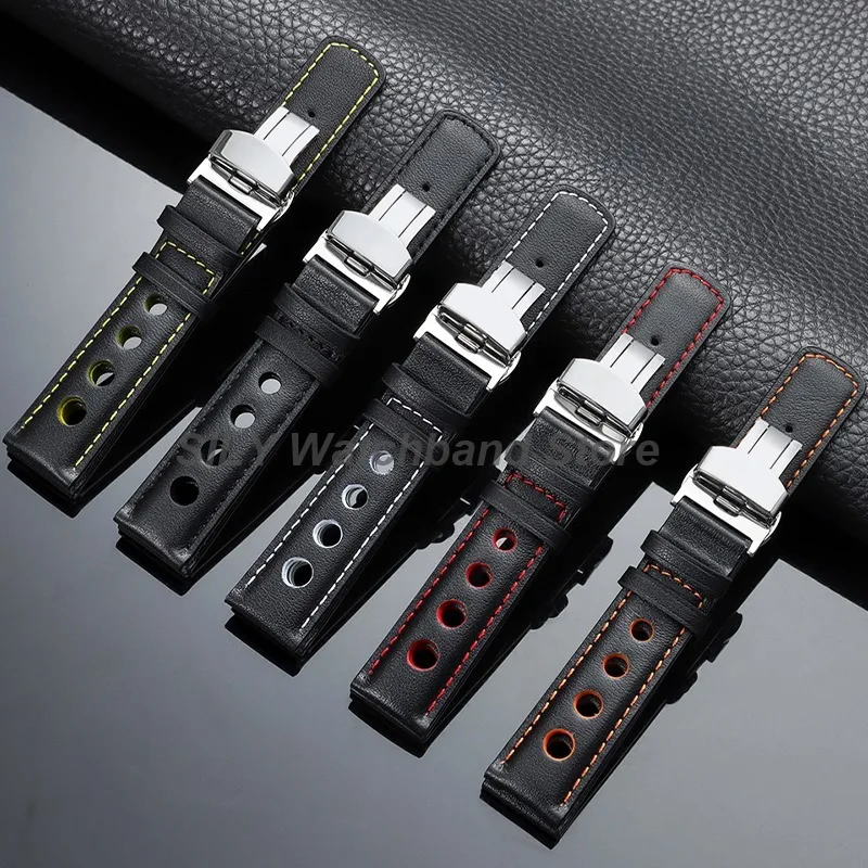 Bracelet de montre en cuir de vache véritable vintage avec fermoir papillon 20 mm, bracelet de montre pour femmes et hommes, ceinture universelle tendance