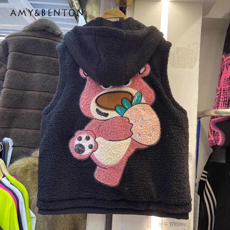 

2025 Winter Fashion Particle Velvet Vest Slimming Oversized Coat Casual Versatile Quilted Patchwork Pocket Letter Hooded Jacket