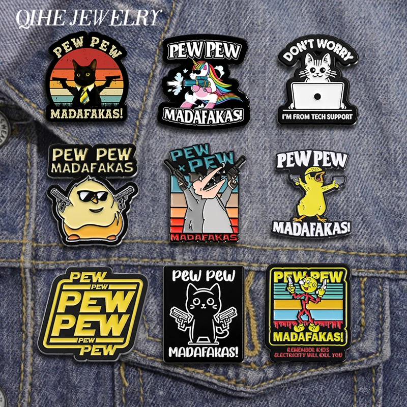 

PEW PEW MADAFAKAS! Enamel Pins Cool Chicken Cat Killer With Guns Metal Brooches Lapel Hat Badges Funny Jewelry Gift for Friends