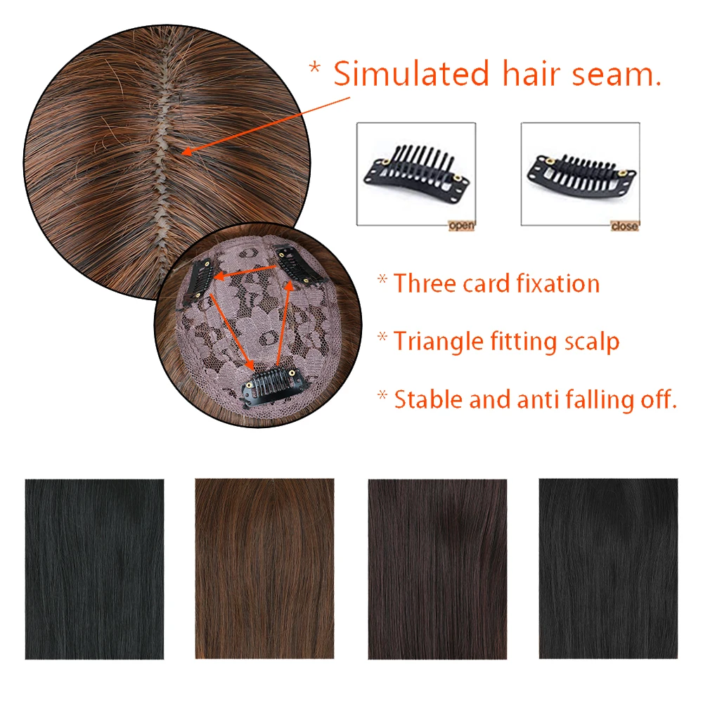 Synthetic 3 Clips In Topper Straight Hairpiece Black Brown Women Fake Hair Clip In Hair Extensions With Bangs Fake Hairpiere