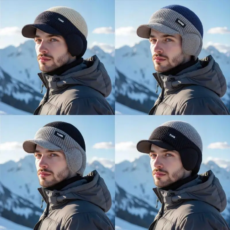 Mens Winter Earflap Cap With Visor Warm Fleece Lined Windproof Full Ear Coverage Beanie For Hiking