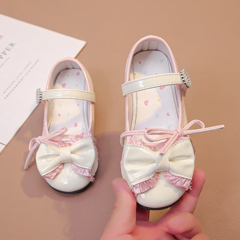 Four Seasons Girls All-Match Leather Mary Jane Shoes Bowknot Rhinestone Strap Non-Slip Soft Sole School Performance Daily Shoes