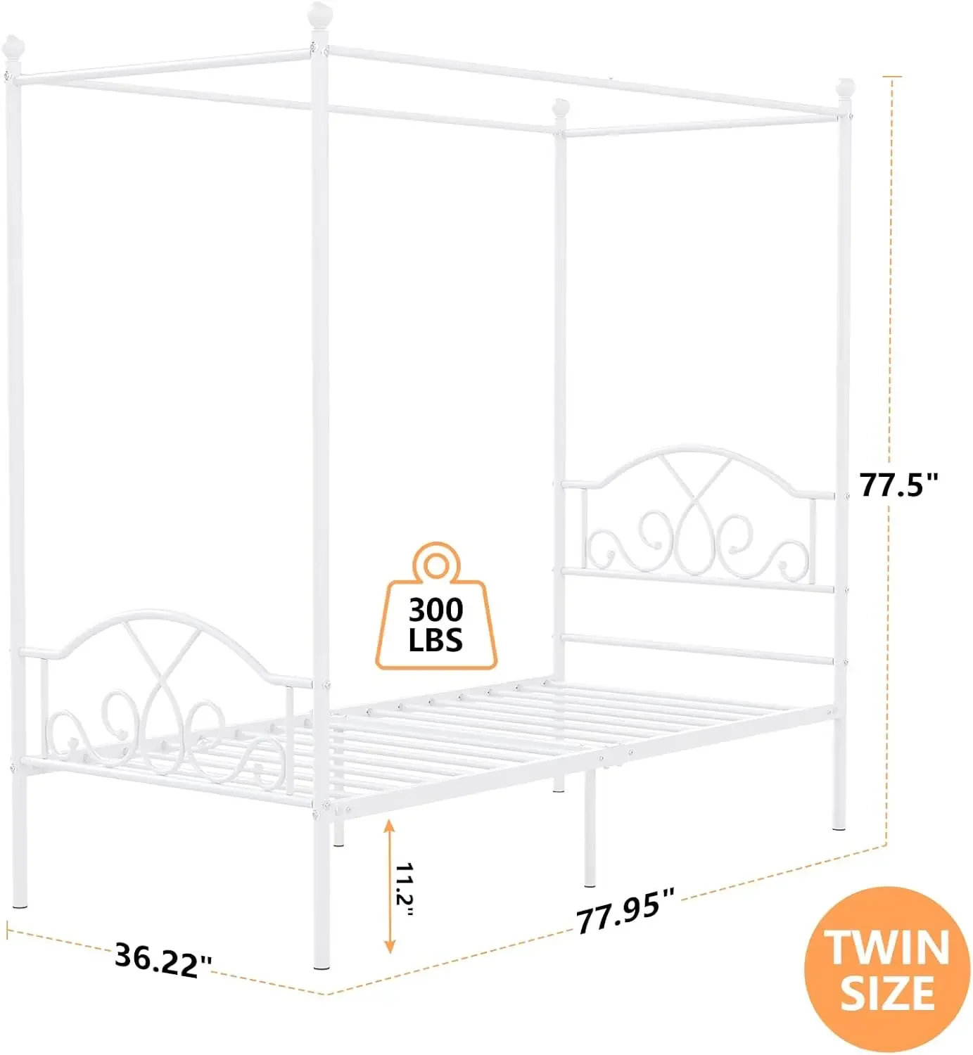 Twin Canopy Bed Frame with Headboard and Footboard Metal Four Posters Curtains Design Mattress Foundation Bed Platform Un