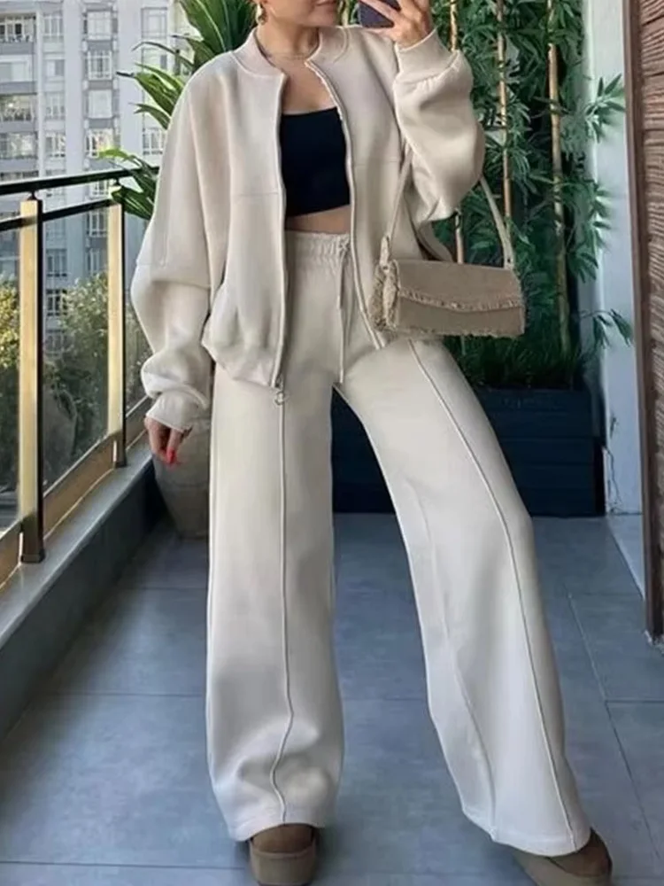 여성용 솔리드 스포츠웨어 세트 긴 소매 지퍼 봄버 재킷 코트 캐주얼 드로스트링 팬츠 가을 여성 Y2K 스웨트셔츠 세트