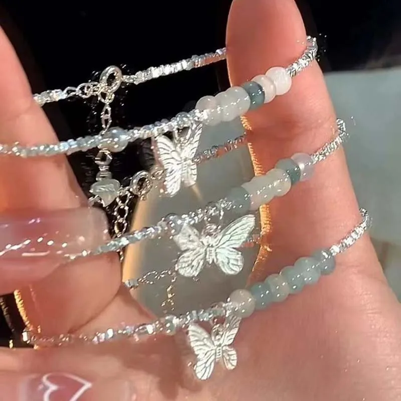 جديد الأخضر كريستال فراشة شكل قلادة سوار للنساء موضة المعادن غير النظامية هندسية مطرز سلسلة سوار مجوهرات