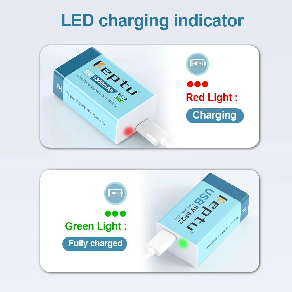 KEPTU 1300mAh 9V rechargeable battery Type-C Charging USB 6F22 batteries for Metal Detector Multimeter