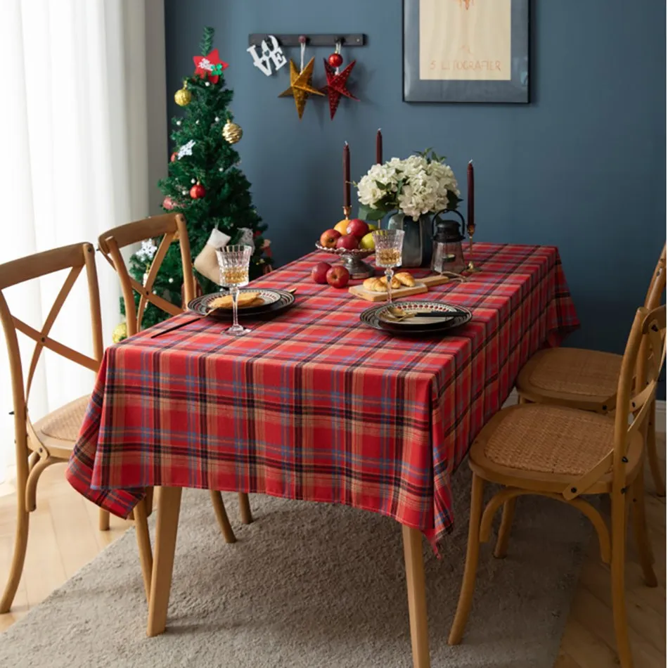 Happy New Year Rectangular Tablecloth Red Plaid Christmas Decorations Coffee Table Cover Mat Coat Party Dinning Table Cloth