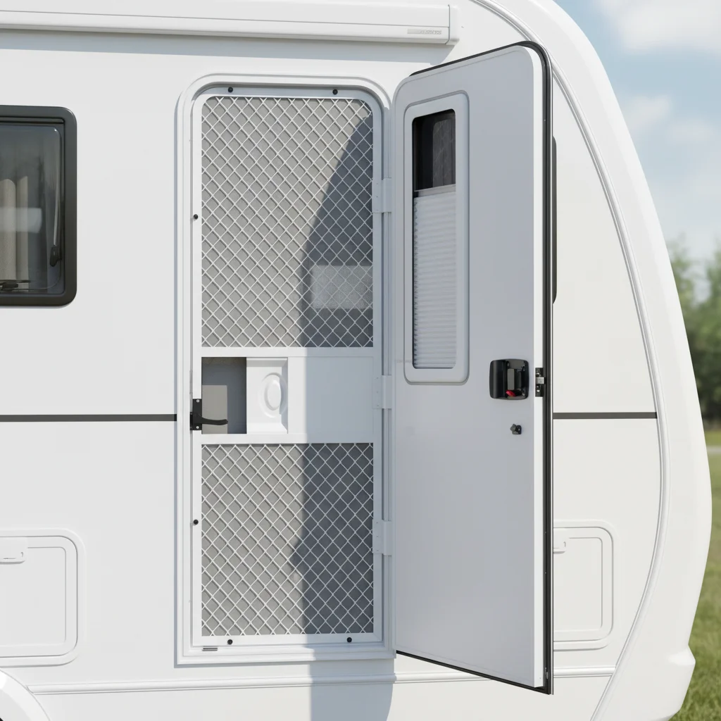

Aluminum Alloy Weatherproof RV Entry Door Anti-Theft for Camper Van With Metal Lock and Roller RV Sun Shade Curtain