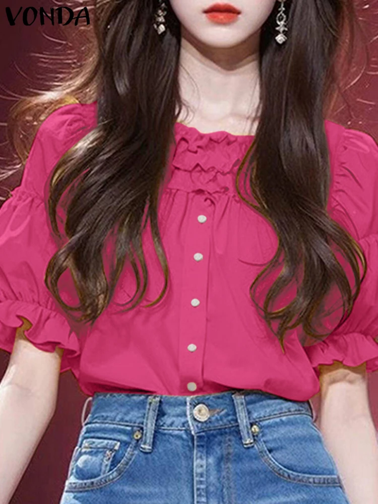 VONDA femmes chemisier à volants décontracté manches bouffantes élégant bureau hauts 2025 femme col rond chemises travail couleur unie Blusas Chemise