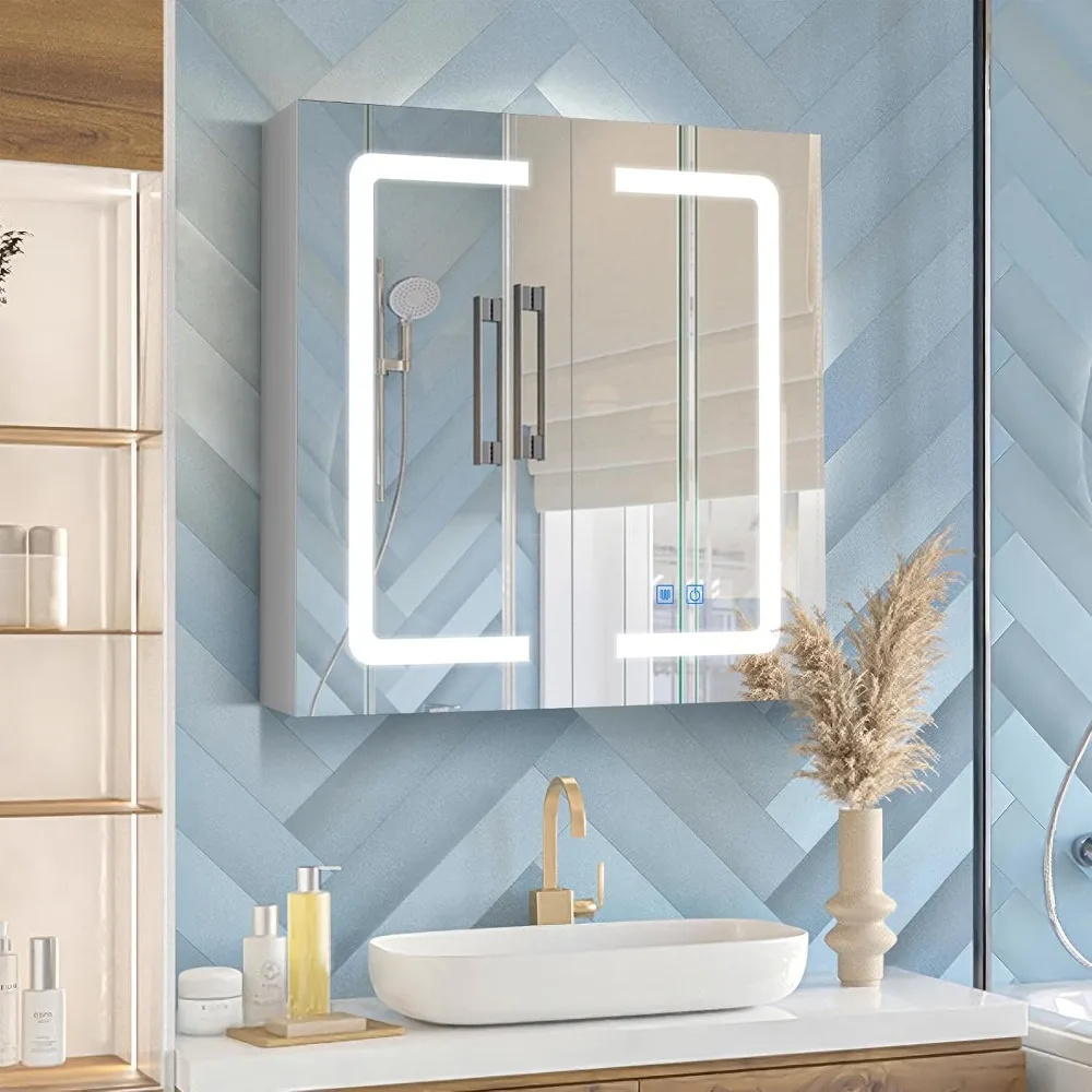 Bathroom cabinet with mirror, 23.6 inches x 24.5 inches cabinet with light, tri color dimming, shelf