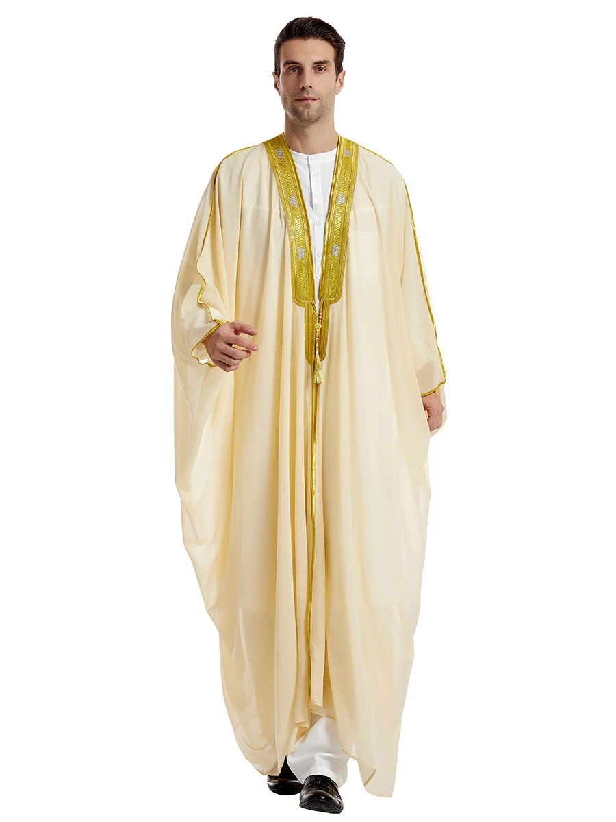 Summer Men\'s Long Sleeve Loose Large Size Golden Outerwear Gown Thin Dubai Robe Middle East Clothing