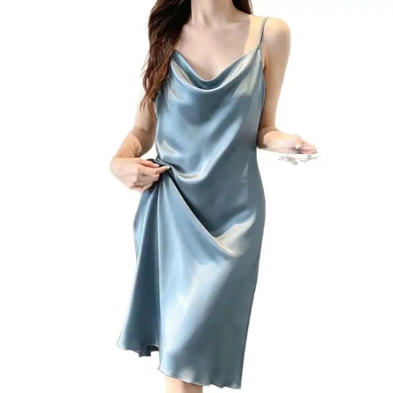 Sexy Women Straps Sleepwear Nightgown Satin Lingerie Silk Night Gowns V Neck Shower Spa Nightwear Daily Casual Home Clothes