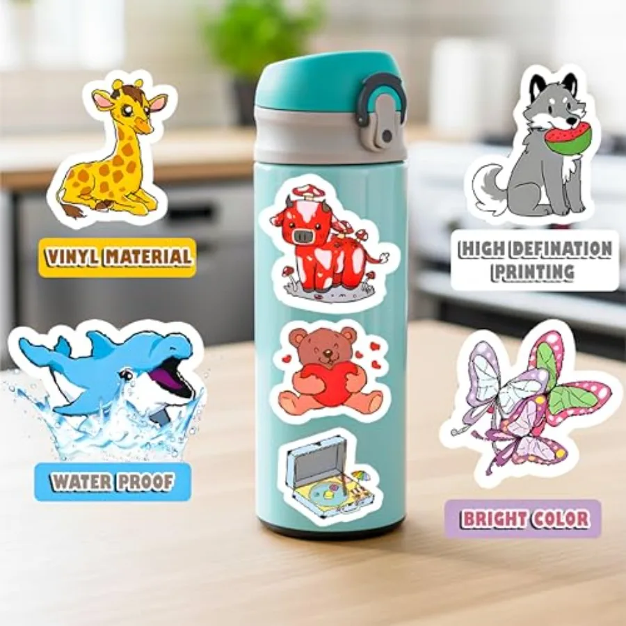 Water Bottle Stickers for : Waterproof Animal Design Assorted Colors No Duplicates Ideal for Classroom Rewards Party Favors Lap