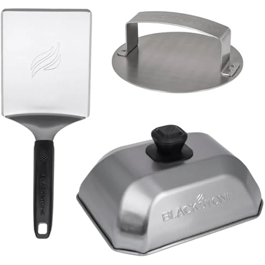

Blackstone 5462 Hamburger Kit 3 Piece Metal Flipper Spatula Turner Basting Cover and Hamburger Press Patty Stainless Steel Burg