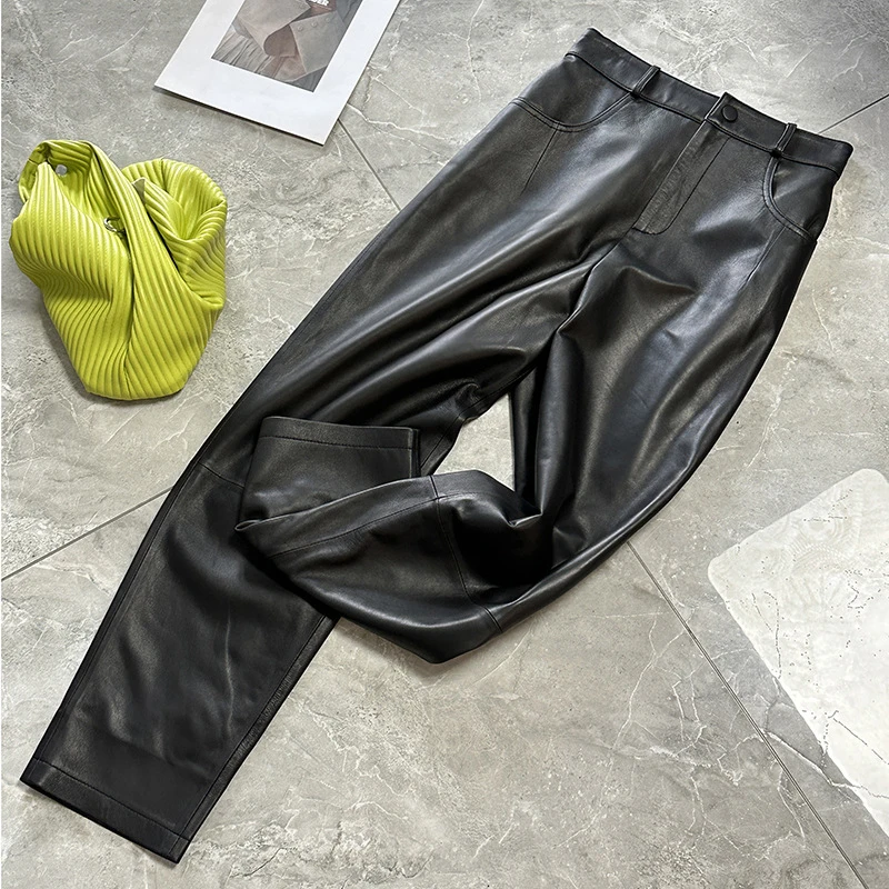 Lambskin Real Leather Pants For Women Elastic Waist Wide Leg Straight Pants Chic Office Ladies Casual Ankle-Length Pencil Pants