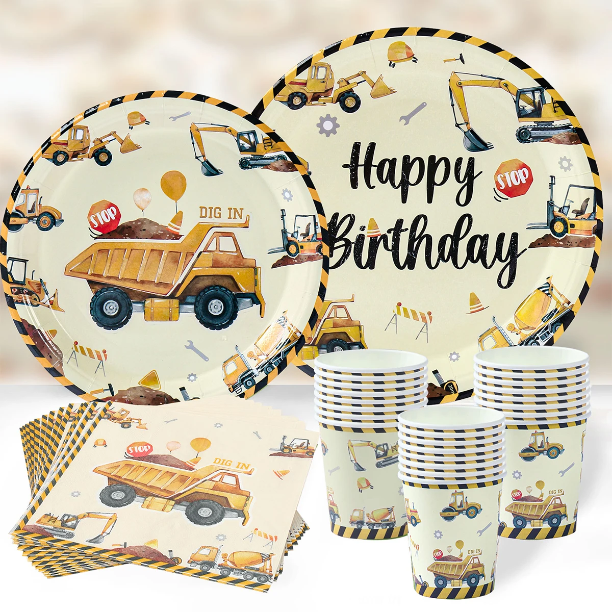 Construction Theme Disposable Tableware Birthday Decoration Baby Shower Excavator Truck Tractor Boys Birthday Party Supplies