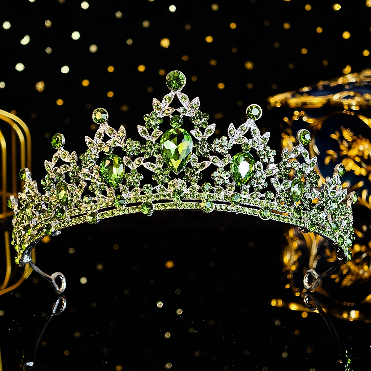 Shimmering Green Bridal Crown Baroque Crystal Children's Performance Tiara Alloy Blades Rhinestones Hair Band Headpieces