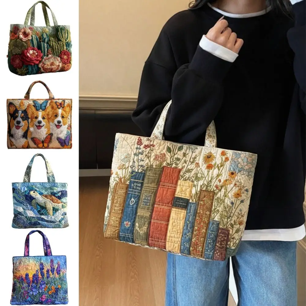 Vintage Women Quilted Tote Bag 3D Printed Patterns Cotton Travel Handbag Lightweight Large Capacity Canvas Shoulder Bag view 5