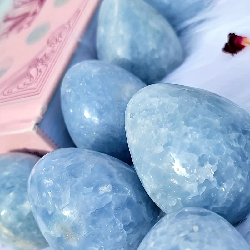 Boho Style Celestite Crystal Egg  Natural Blue Palm Stone for Meditation Collection  Home Office Decor Spiritual Pastoral Gift