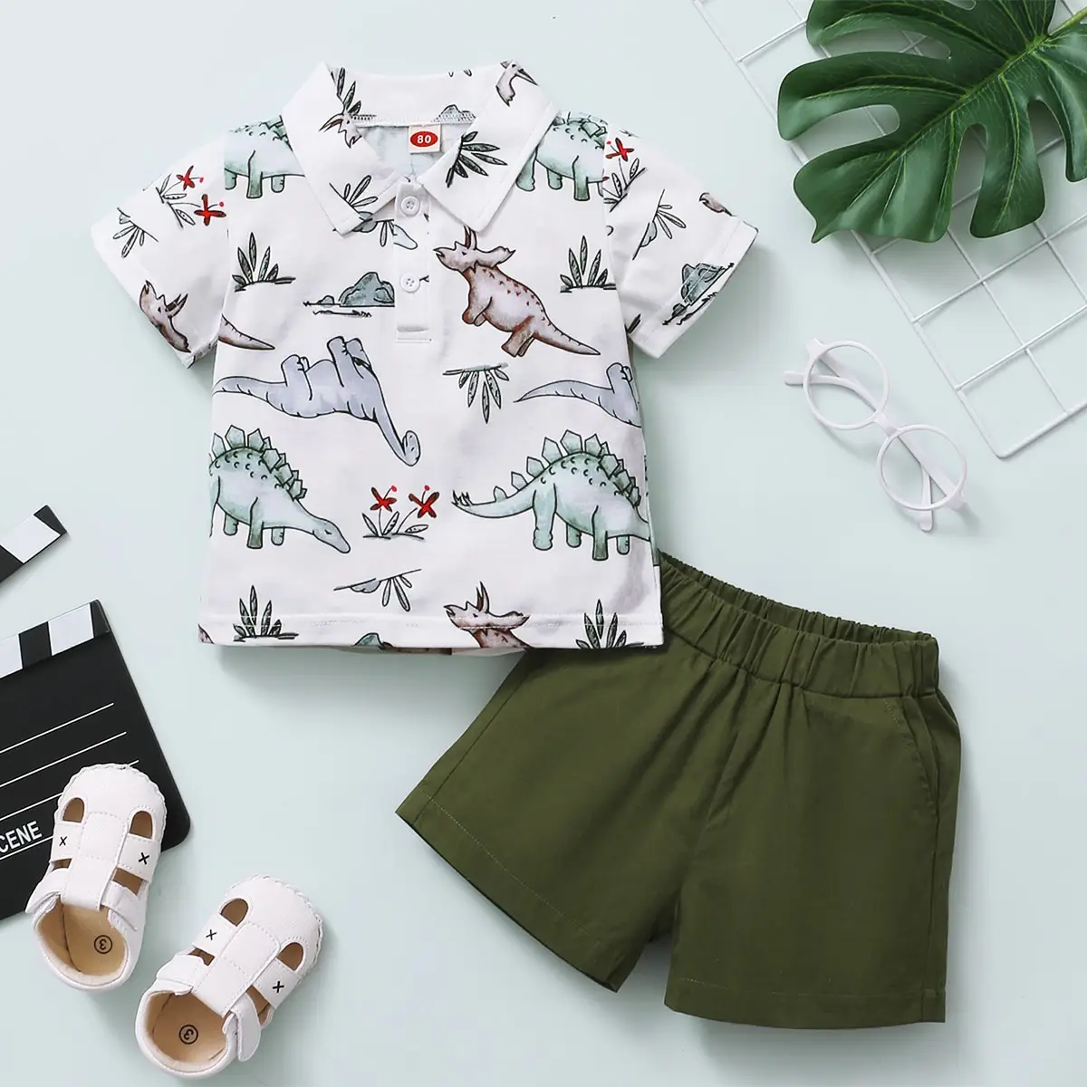 Baby Boys Summer Casual Lapel Short-Sleeved Top Cartoon Dinosaur Print T-Shirt Elasticated Waist Army Green Pants All-Match Suit