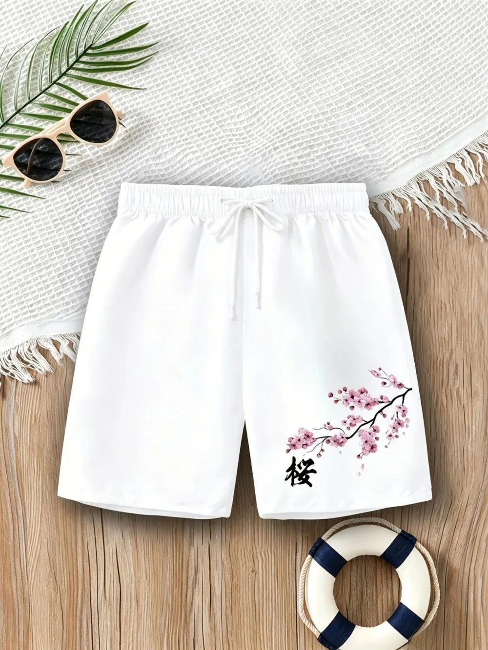 Amerikanische Herren-Sommer-Shorts mit personalisiertem Buchstaben- und Kirschblüten-Print, bequem, atmungsaktiv, mit Kordelzug, für Outdoor und Freizeit – Detail 6