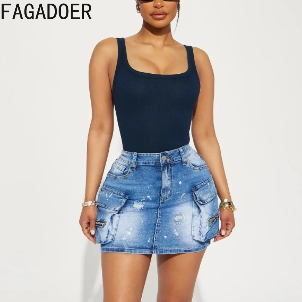 FAGADOER rok Mini Denim wanita, bawahan ramping kasual kancing pinggang tinggi saku lubang mode biru