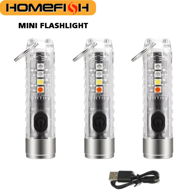 HOMEFISH Mini Keychain Flashlight Type-C Fast Charge IP66 Waterproof Torch with Magnet Warning Light for Camping Outdoor Use