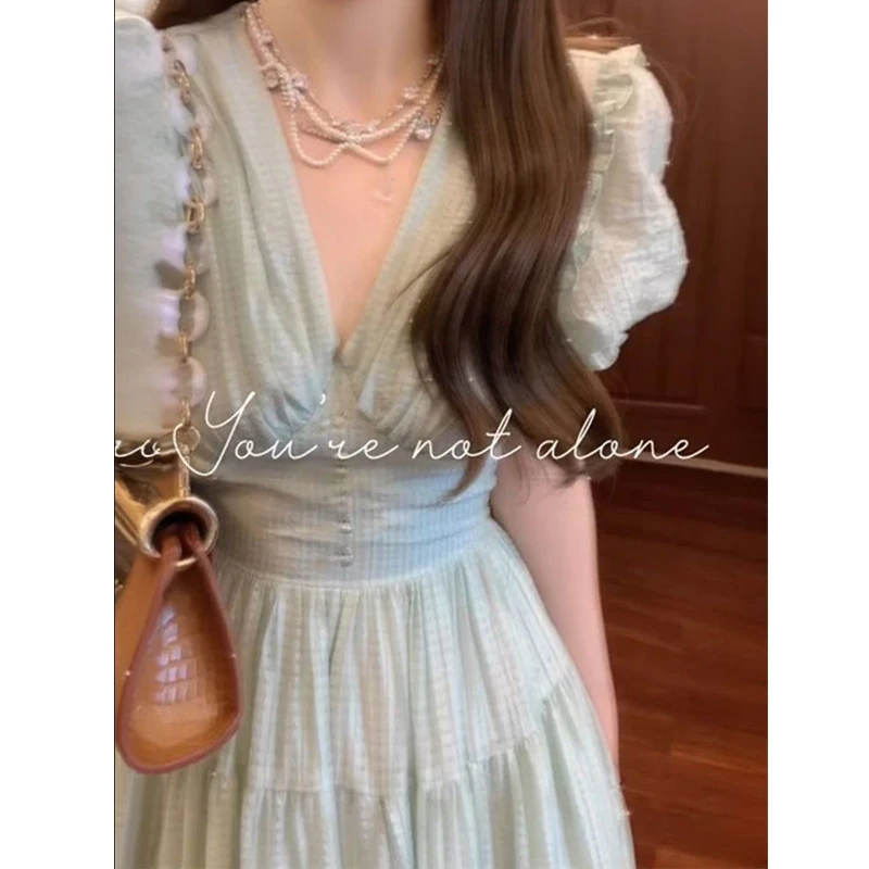 فستان ضيق مثير بياقة على شكل V وأكمام قصيرة من فيستدوس ملابس نسائية صيفية عصرية مكشكشة مجوفة برباط علوي فساتين حفلات أنيقة