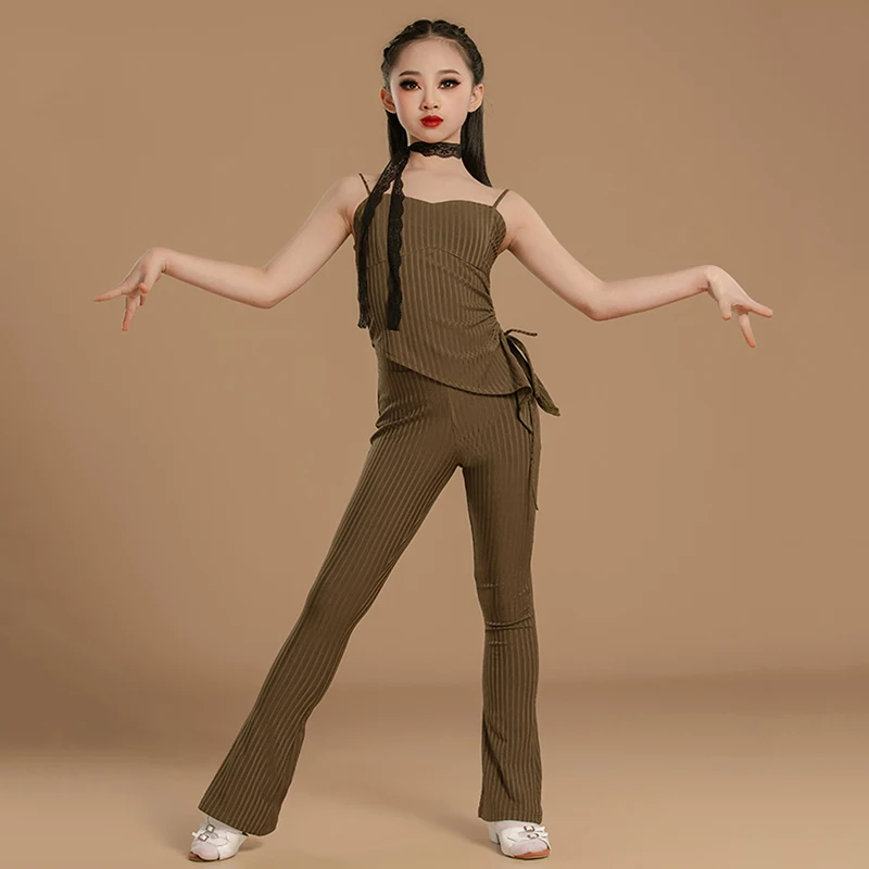 

Cha-cha dance Latin Dance Costume Camisole Drawstring Top and Flared Pants Children's Latin Performance Ballroom Training Suit