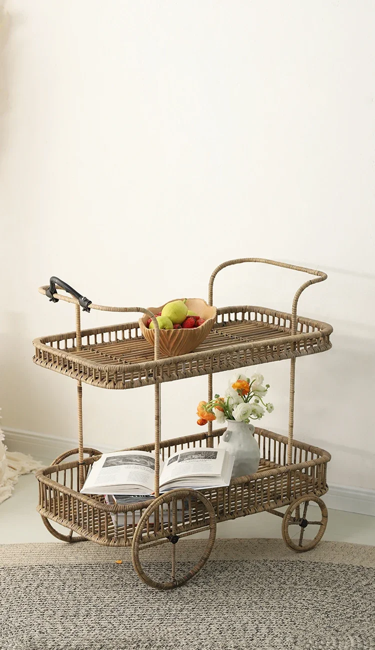 Premium Japanese Style Sofa Side Table Modern Rattan Living Room Balcony Creative Four-Wheel Tea Table