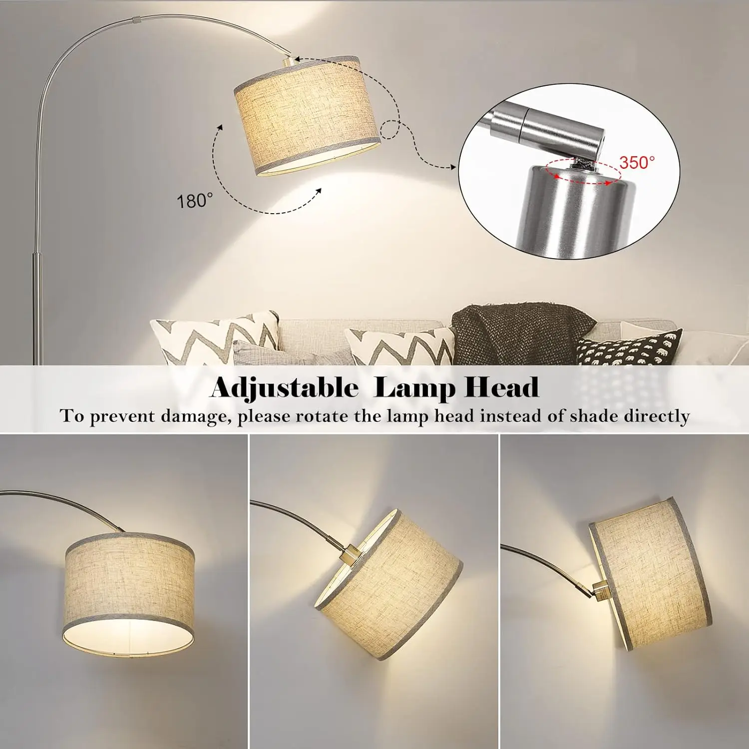 

Arc Floor Lamp, Modern Floor Lamp For Living Room With Adjustable Head, Tall Pole Lamp With On/Off Pedal Switch, Over Couch