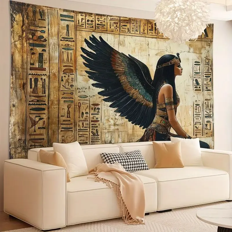 VIKAMA Egyptian Winged Goddess Tapestry Ancient Hieroglyph Mural Wall Hanging Vintage Ethnic Living Bedroom Dorm Wall Decor