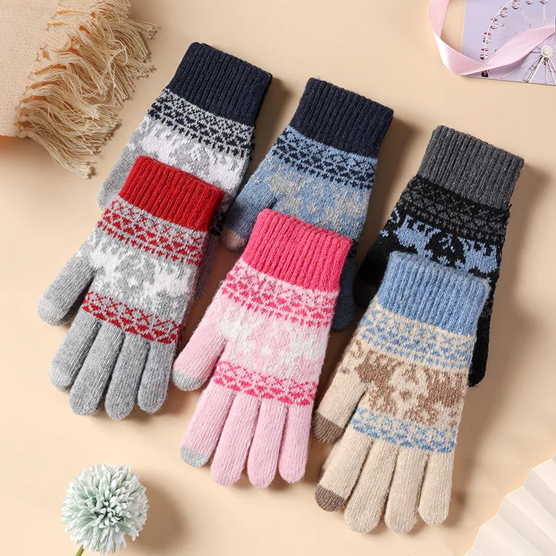 Guantes de lana para hombre y mujer, manoplas de punto con pantalla táctil, hilo grueso de lana de cordero, elástico, invierno, Año Nuevo