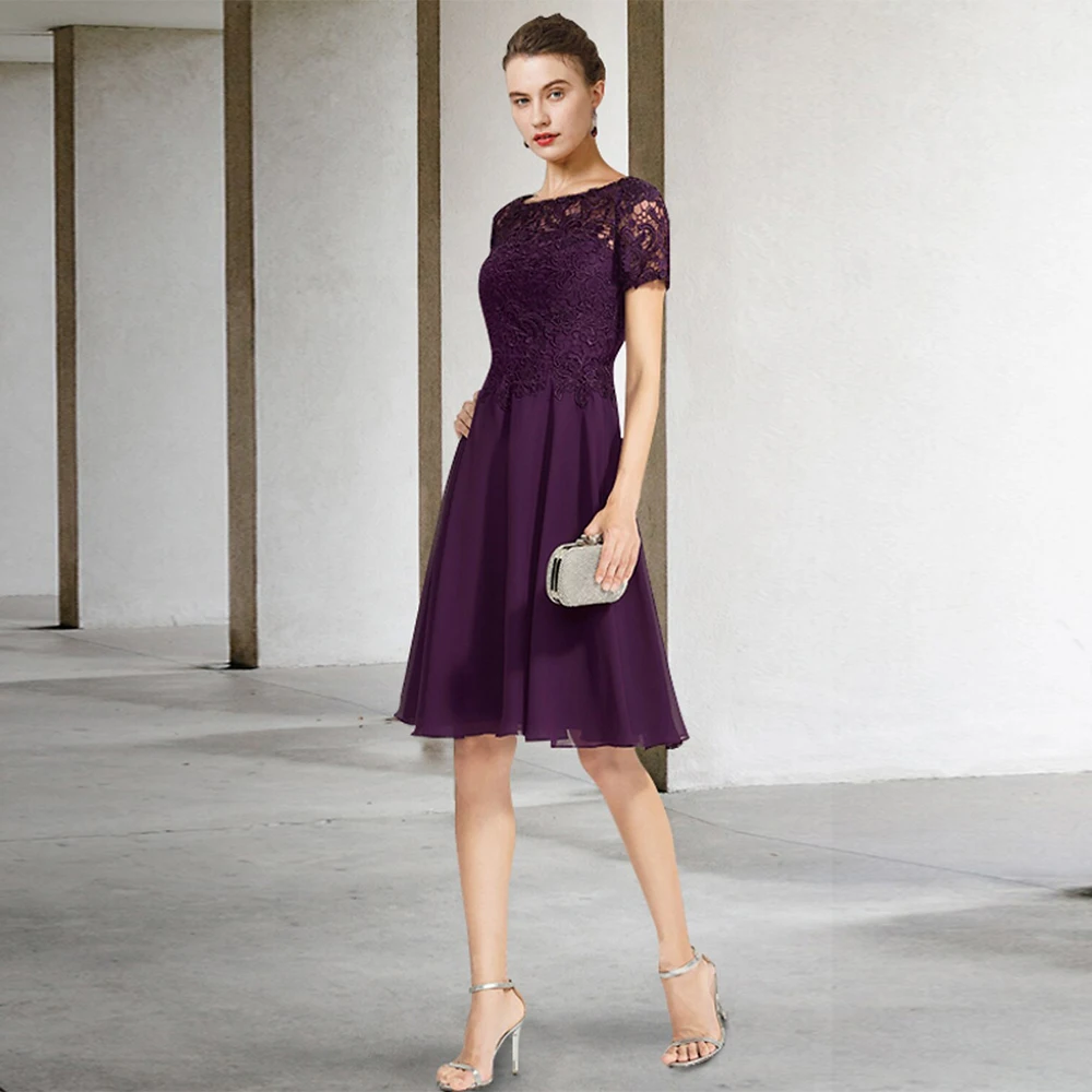 

Purple Mother of The Bride Dress Knee Length Party Dresses Short Sleeves Scoop Neck Lace Chiffon A Line Wedding Guest Gown