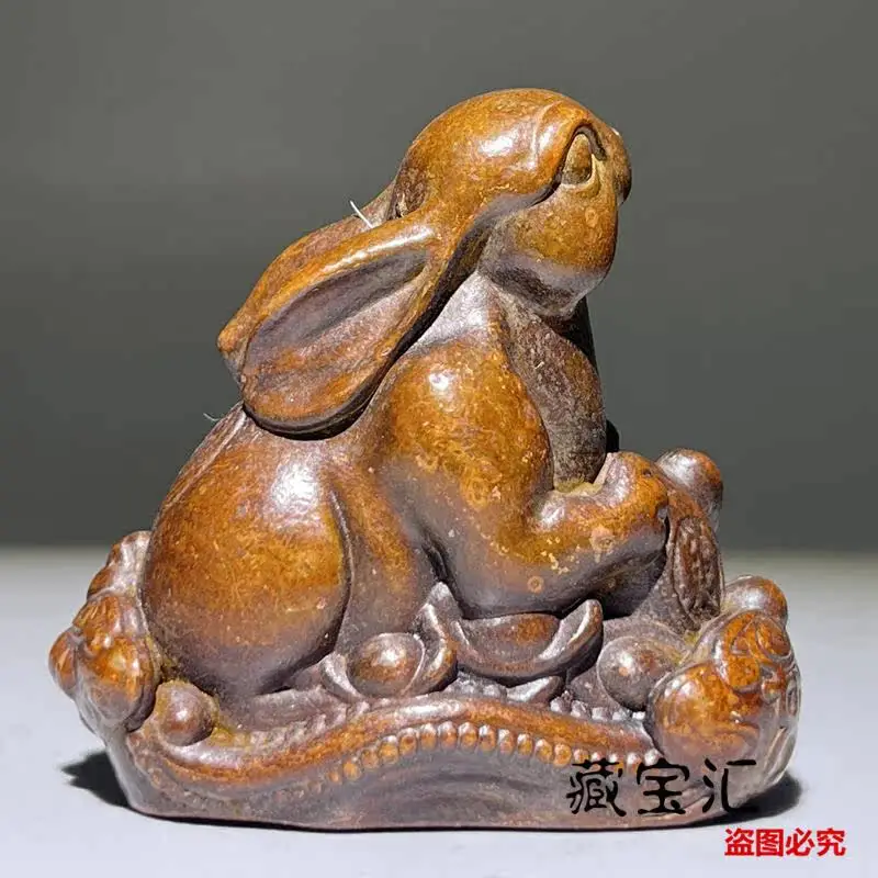 Vintage Old Bronze Purple Copper Rabbit Statue Twelve Zodiac Ruyi Fortune Rabbit Antique Collected Old Item Home Decor