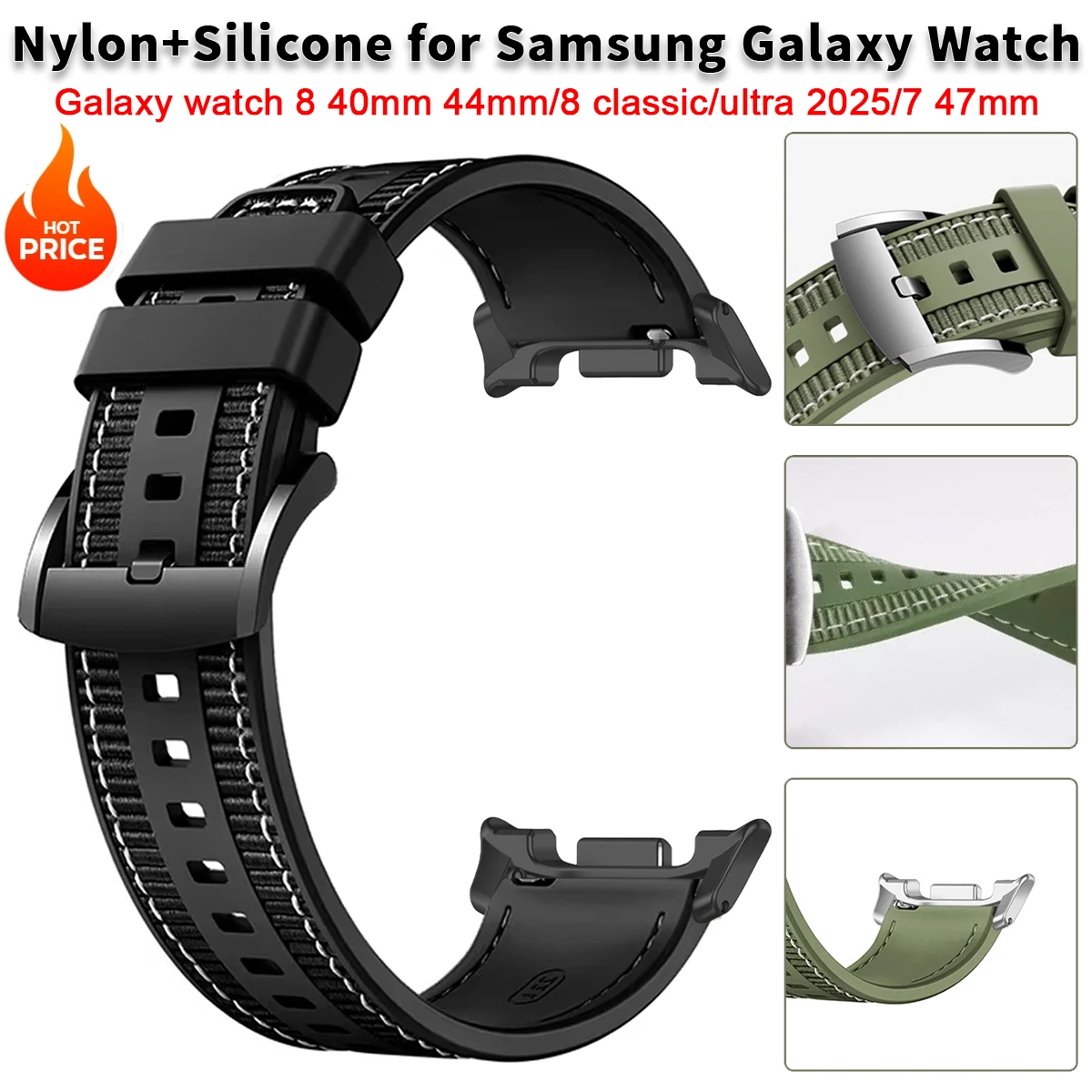 

Нейлоновый + силиконовый ремешок для Samsung Galaxy Watch 8/8, классический спортивный сменный браслет для Galaxy Watch ultra, ремешки 2025/7, 47 мм