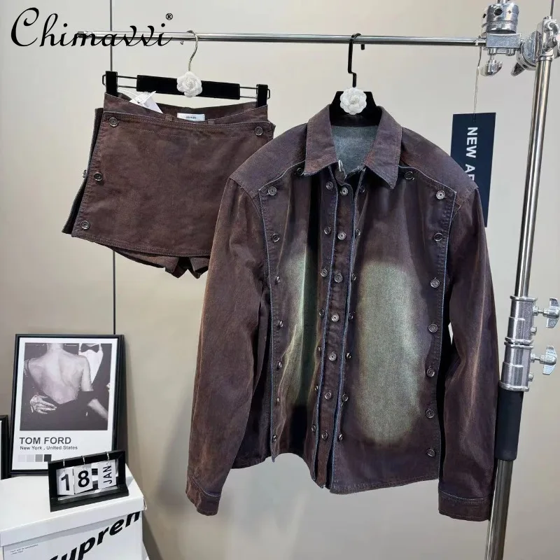

2025 Spring and Autumn Lapel Long-sleeved Retro Old Denim Jacket Button Thin Skirt Suit For Women