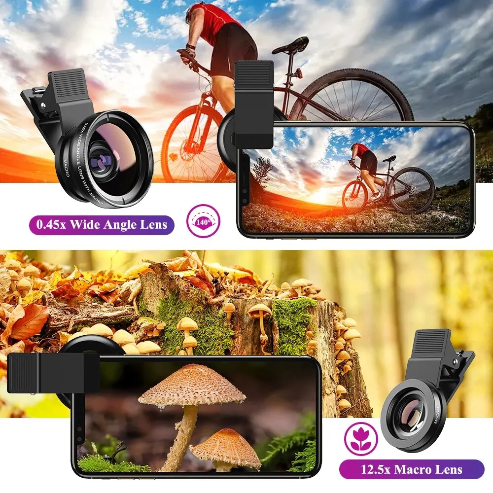 APEXEL Phone Lens Kit 0.45x Super Wide Angle & 12.5x Macro Micro Lens HD Camera Lentes for iPhone Samsung Xiaomi More Cellphones