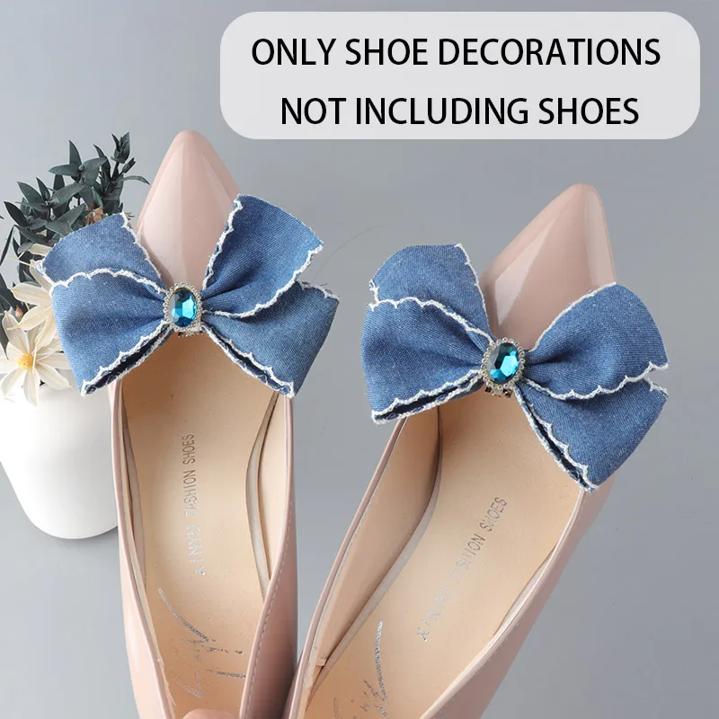 2Pcs Denim Bow Shoe Clips with Rhinestone Detachable Handmade Shoe Decorations Women Heels Casual Daily Party DIY Accessories