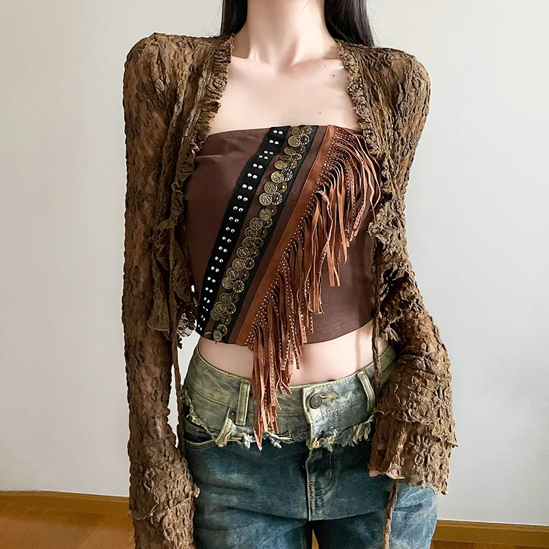 

Women Y2k Retro Shirts Exotic Ethnic Style Tops V-neck Thin Lace Smock Top Crop Top Slim Fit Vest T-shirt Cardigan