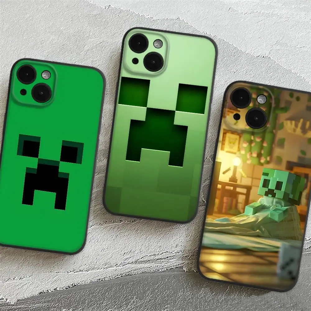 Capa de Celular Game Green Pixel Monster C-Creeper para Apple iPhone 17 16 Pro Max 15 Pro Max 14 13 12 11 Mini com Traseira Ondulada e Efeito Óleo