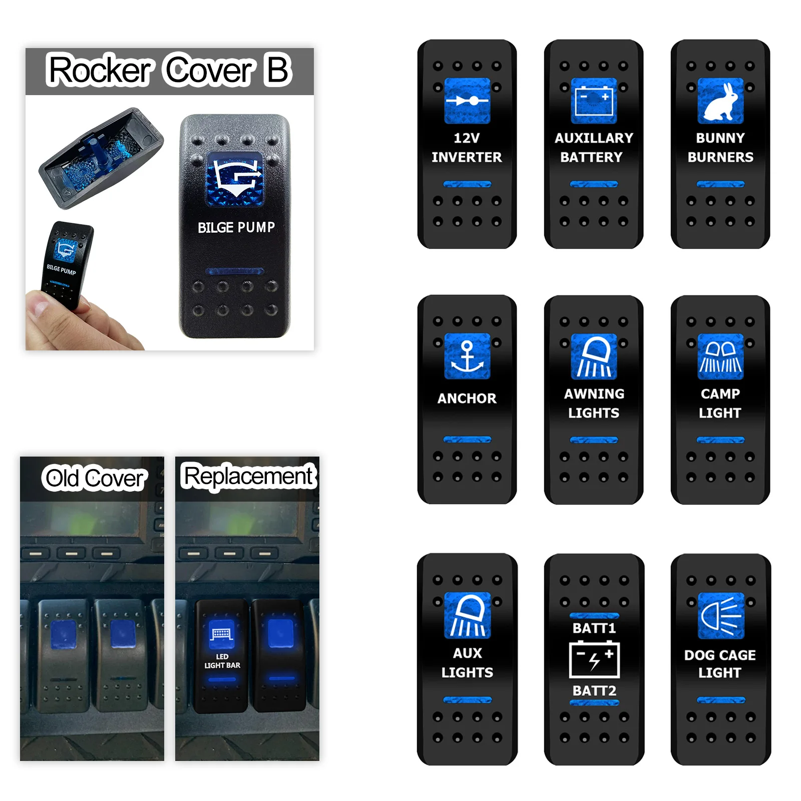 

1 Pc COVER CAP ONLY! BLUE Lens Window Labeled Rocker Switch Cap for Car Boat ARB Carling RV Bus Switches, Waterproof，Auto Parts