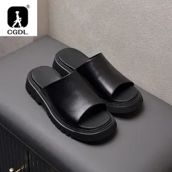 Real Leather Mens Slippers Platform 4cm High Heels Luxury Genuine Leather Quality Brand Handmade Outdoor Business Slippers Shoes