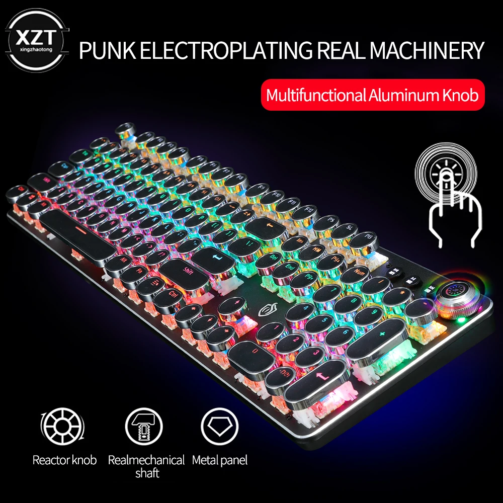 Round Key Game Mechanical Keyboard Retro Punk Knob Electroplating 104 Key Computer Keyboard Backlight USB Wired Laptop Keyboard