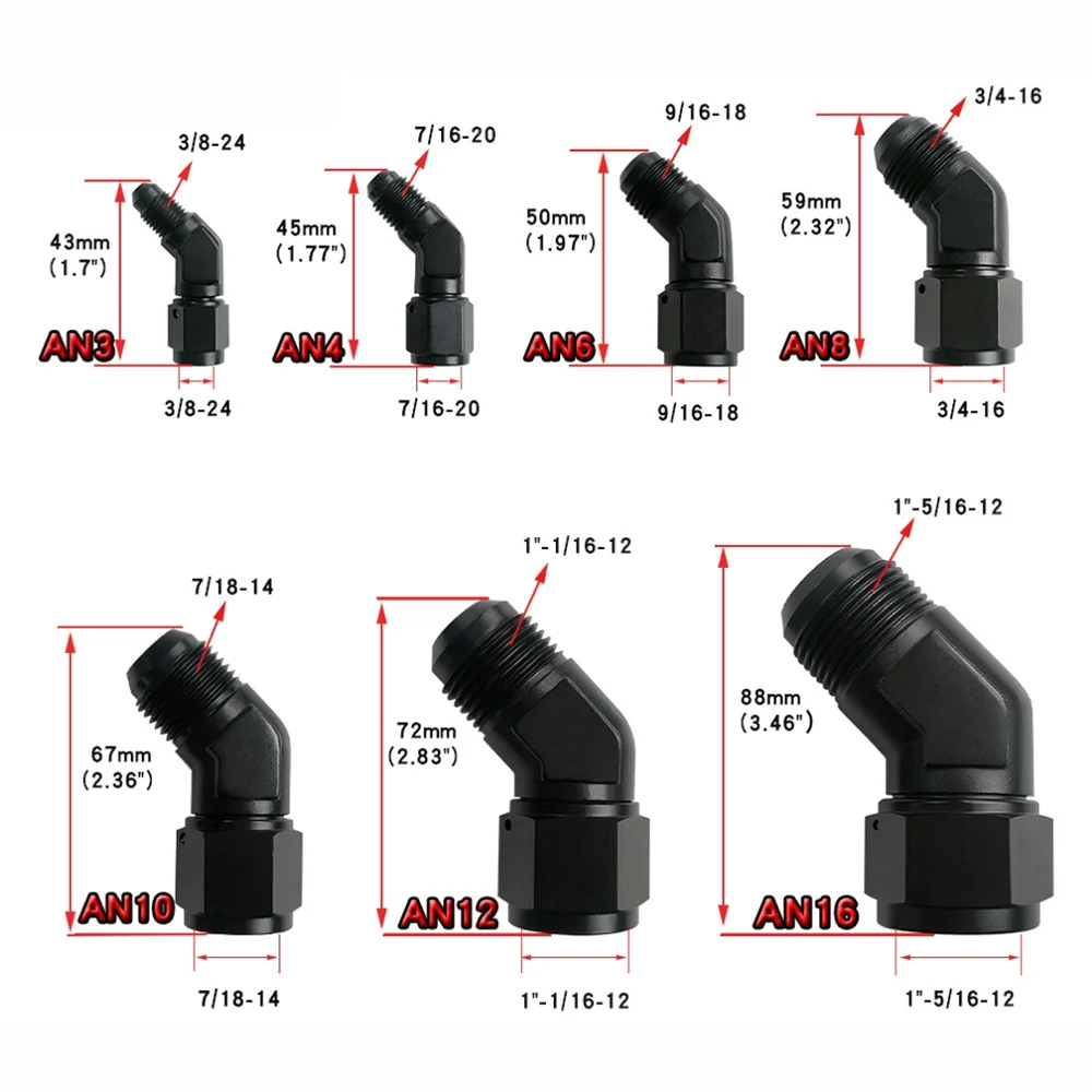 Fittings Anodized Aluminum Fuel Adapter 45/90 Degree Female AN3AN4AN6AN8AN10AN12AN16 Swivel Adaptors To Male Black/Blue/Silver