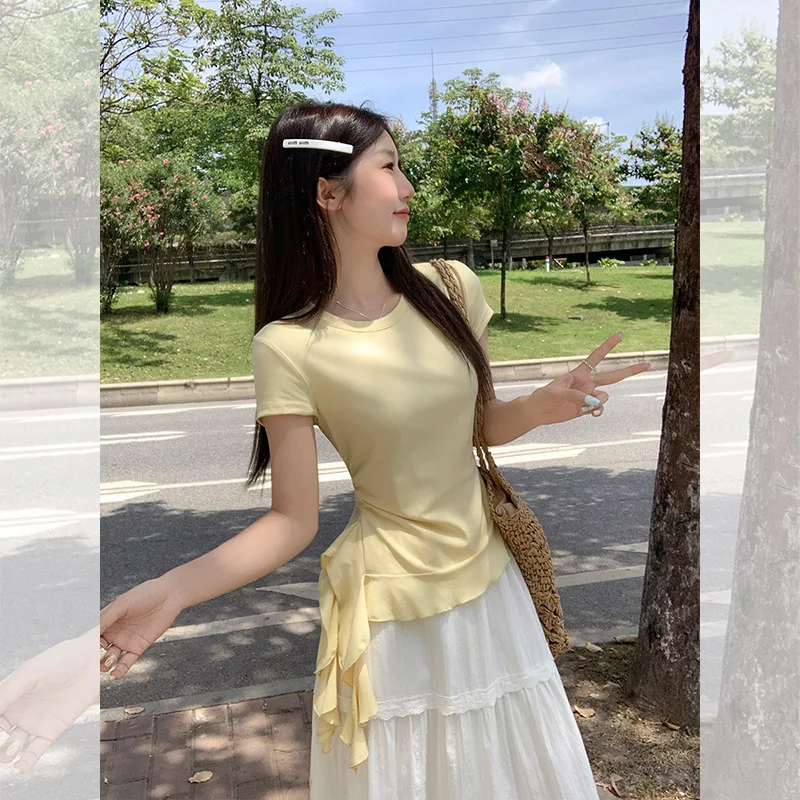 

Cream Yellow Round Neck Regular Shoulder Short Sleeve T-Shirt for Women 2025 Summer New Irregular Hem Ruffle Trim Slim Fit Top