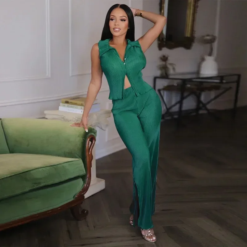 

Летний женский комплект GUWU: топ без рукавов с V-образным вырезом + широкие брюки с плиссировкой, повседневный спортивный костюм из двух предметов для вечеринок и улицы