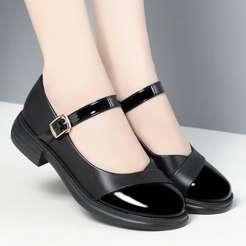 3cm Mix Color Shallow Mary Janes Women's Pumps 2024 Spring Square Heels Leather Shoes New Fashion Office Work Dance Shoe