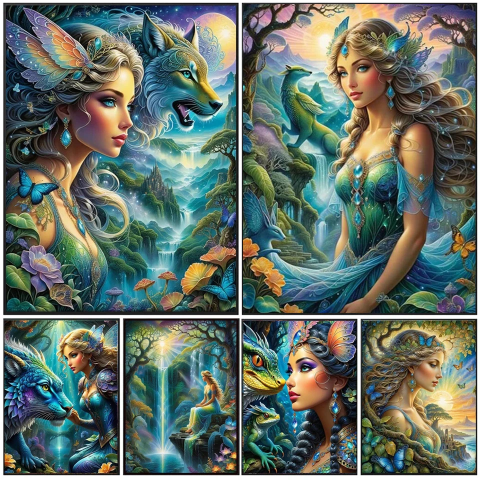 Diy Diamond Painting Cross Stitch Fantasy Landscape Wolf Tiger Frog Beauty 5D Embroidery Cartoon Butterfly Fairy Mosaic Decor