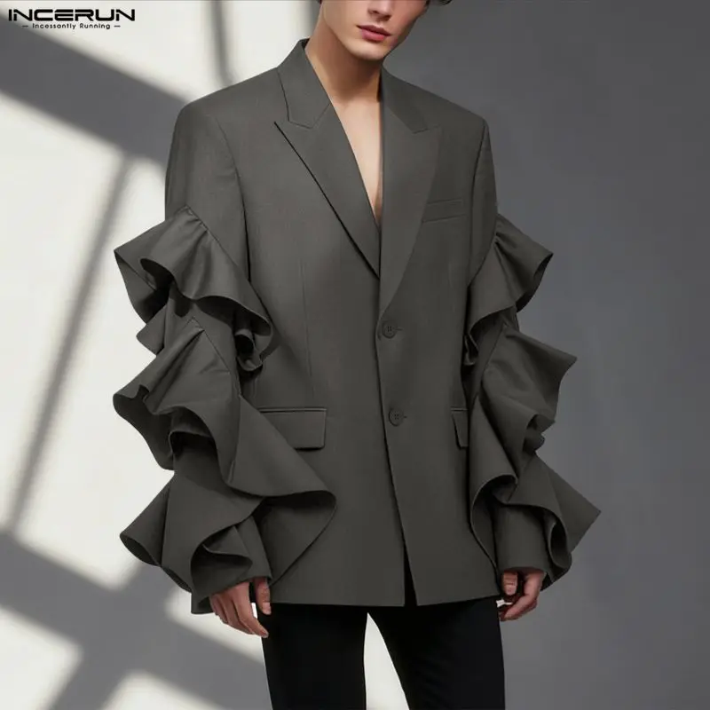 

INCERUN Men Blazer Solid Color Ruffle Lapel Long Sleeve Button Male Suit Streetwear Elegant Fashion Casual Thin Coats Men Blazer